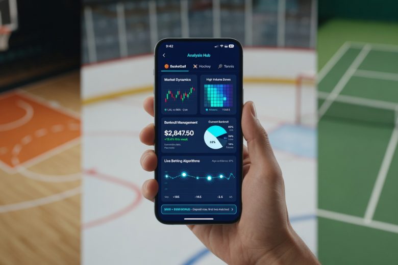 Photorealistic shot of an adult hand holding a smartphone with a generic sports betting