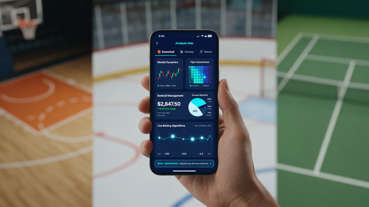 Photorealistic shot of an adult hand holding a smartphone with a generic sports betting