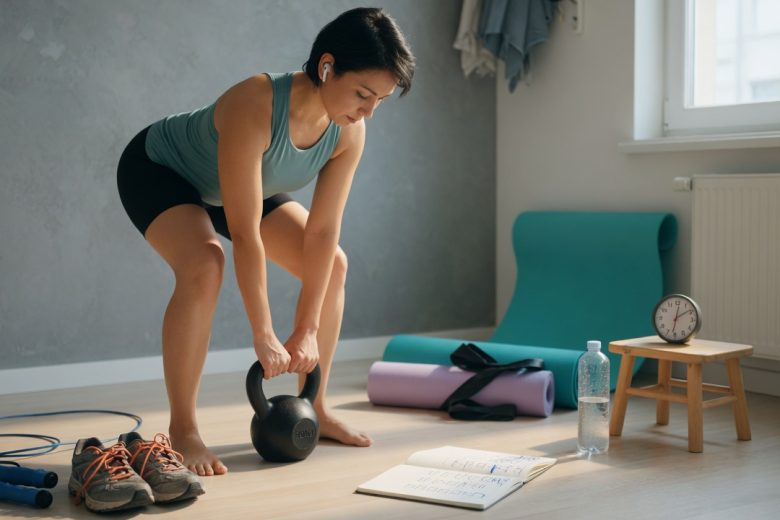 Focused adult doing a kettlebell deadlift in a bright home workout corner, with jump