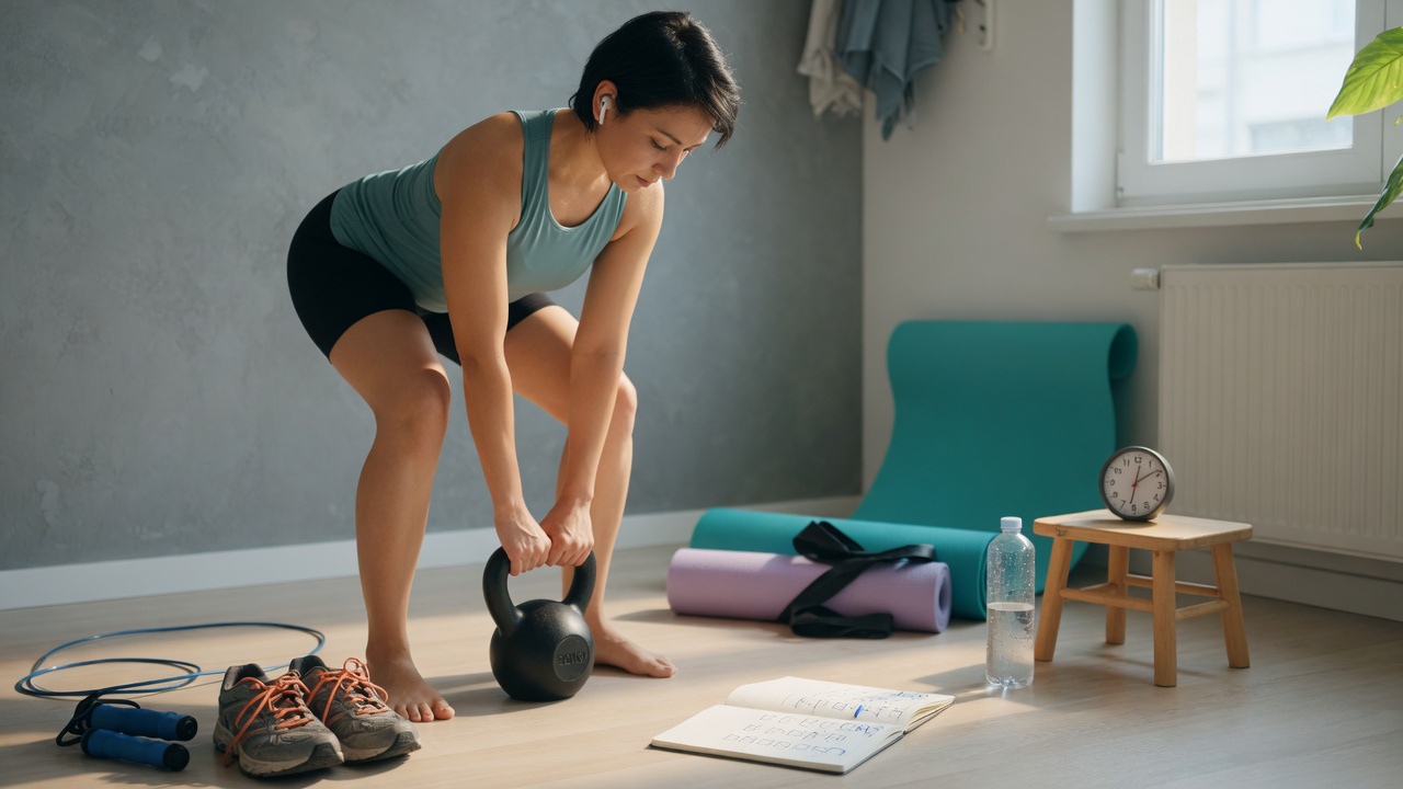 Focused adult doing a kettlebell deadlift in a bright home workout corner, with jump